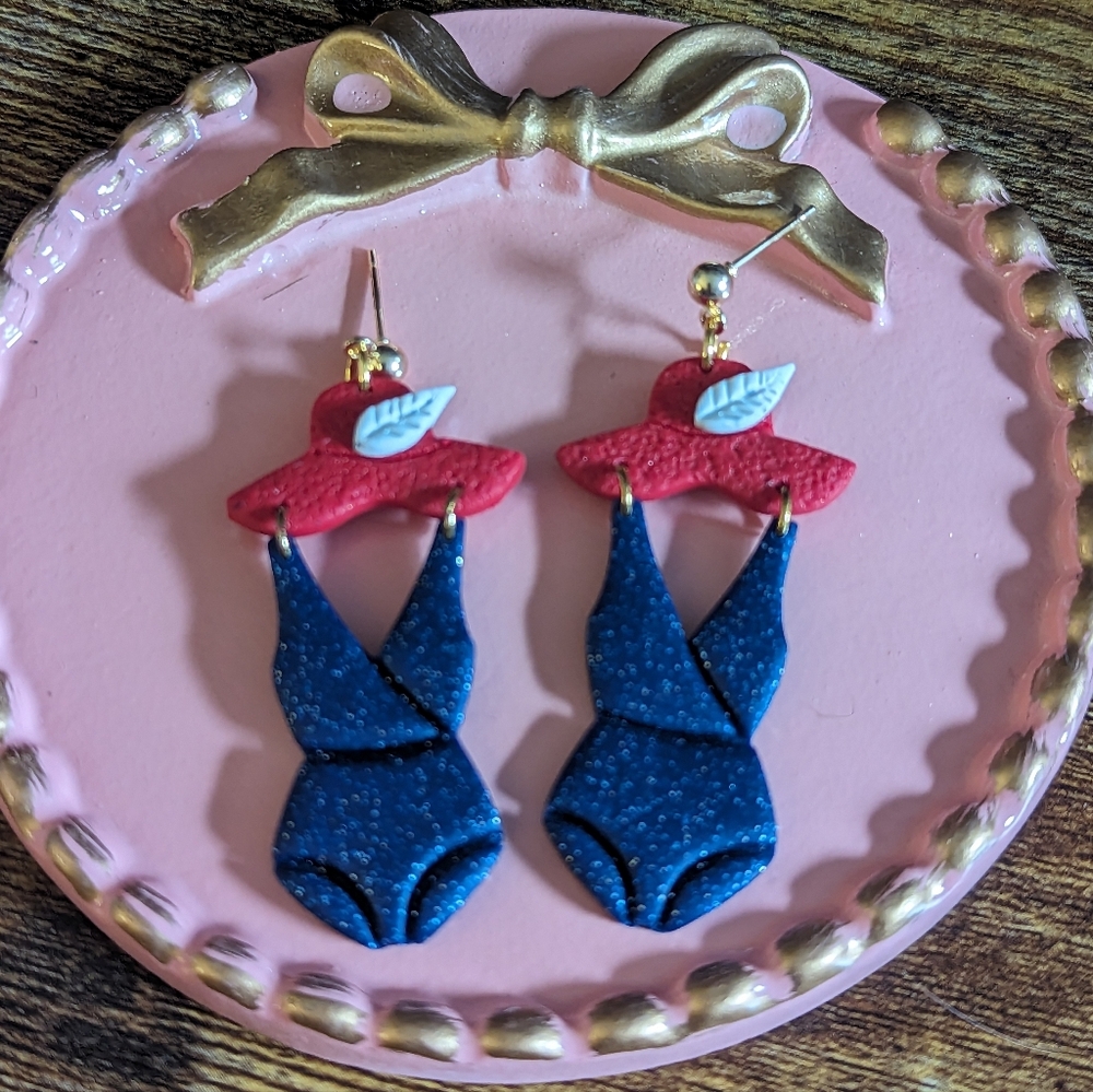 Clip On Ladies Retro Swimsuit Clay Dangle Earrings New!